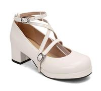 Femmes Croisée Bride De Cheville Mary Janes avec Boucle Bout Rond Cuir Verni Chaussures Lolita Talon Bloc Plate-Forme Chaussures De Robe,Blanc,37 EU