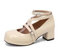 Femmes Croisée Bride De Cheville Mary Janes avec Boucle Bout Rond Cuir Verni Chaussures Lolita Talon Bloc Plate-Forme Chaussures De Robe,Beige,36 EU