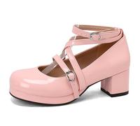 Femmes Croisée Bride De Cheville Mary Janes avec Boucle Bout Rond Cuir Verni Chaussures Lolita Talon Bloc Plate-Forme Chaussures De Robe,Rose,38 EU