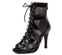 Femmes Danse Heels Gladiateur Sandales Peep Toe Dentellets Zipper Burju Danse Class Chaussures Confort Dress Sandales Stiletto Patent Black Size 38