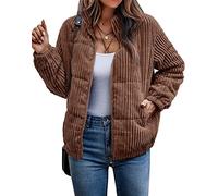 Femmes de Bombardier Veste en Velours Côtelé Nervuré Matelassé Zip Manches Longues Veste d'hiver Automne avec Poches Top Chaud Veste Classique Automne et Veste d'hiver (Brun,M)