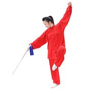 Femmes De Coton Et Lin Tai Chi Uniforme Et Qi Gong Boucle Col Debout Costume Deux Pièces Rouge XS