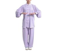 Femmes De Coton Et Lin Tai Chi Uniforme Et Qi Gong Boucle Col Debout Costume Deux Pièces Violet Clair XS