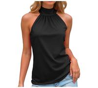 Femmes Débardeur Col Roulé Top Plissé sans Manches Court Basic Crop Tops Chic et Élegant Été Haut avec Nœud Noué au Dos Ajustable Décontractés Slim Fit T-Shirt (Noir, XL)