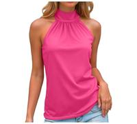 Femmes Débardeur Col Roulé Top Plissé sans Manches Court Basic Crop Tops Chic et Élegant Été Haut avec Nœud Noué au Dos Ajustable Décontractés Slim Fit T-Shirt (Rose Vif, XXL)