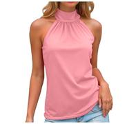 Femmes Débardeur Col Roulé Top Plissé sans Manches Court Basic Crop Tops Chic et Élegant Été Haut avec Nœud Noué au Dos Ajustable Décontractés Slim Fit T-Shirt (Rose, XL)