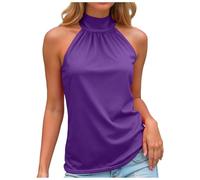 Femmes Débardeur Col Roulé Top Plissé sans Manches Court Basic Crop Tops Chic et Élegant Été Haut avec Nœud Noué au Dos Ajustable Décontractés Slim Fit T-Shirt (Violet, XXXL)