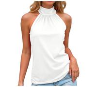 Femmes Débardeur Col Roulé Top Plissé sans Manches Court Basic Crop Tops Chic et Élegant Été Haut avec Nœud Noué au Dos Ajustable Décontractés Slim Fit T-Shirt (Blanc, XL)