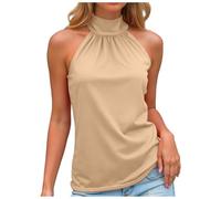 Femmes Débardeur Col Roulé Top Plissé sans Manches Court Basic Crop Tops Chic et Élegant Été Haut avec Nœud Noué au Dos Ajustable Décontractés Slim Fit T-Shirt (Khaki, S)