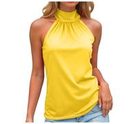 Femmes Débardeur Col Roulé Top Plissé sans Manches Court Basic Crop Tops Chic et Élegant Été Haut avec Nœud Noué au Dos Ajustable Décontractés Slim Fit T-Shirt (Jaune, XL)