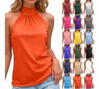 Femmes Débardeur Col Roulé Top Plissé sans Manches Court Basic Crop Tops Chic et Élegant Été Haut avec Nœud Noué au Dos Ajustable Décontractés Slim Fit T-Shirt (Orange, M)