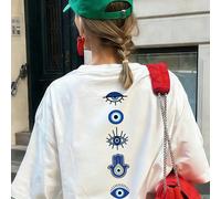 Femmes Décontracté Ample Col Rond Manches Courtes T-Shirt Avec Élégant Motif œil Mauvais Main Hamsa, Bleu Clair, Blanc d'Été L,M,S,XL,XS,XXL,XXSFruits & légumesPolyester