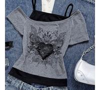 Femmes Décontracté Rétro Punk Y2K 2 en 1 Noir Bretelle Spaghetti Épaule Oblique Manches Courtes T-Shirt Couleur Contrastée, Motif Imprimé Vintage Aile de Cœur, Confortable pour le Printemps et l'Autom