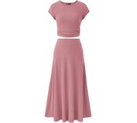 Femmes Deux Pièces Jupe Ensemble Casual Côtelé Tricot Col Ras du Cou Manches Courtes Haut Court Taille Haute Jupe Midi, Dusty Pink, S