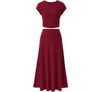 Femmes Deux Pièces Jupe Ensemble Casual Côtelé Tricot Col Ras du Cou Manches Courtes Haut Court Taille Haute Jupe Midi, Wine Red, L