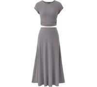 Femmes Deux Pièces Jupe Ensemble Casual Côtelé Tricot Col Ras du Cou Manches Courtes Haut Court Taille Haute Jupe Midi, Light Grey, M