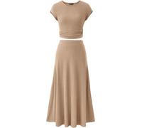 Femmes Deux Pièces Jupe Ensemble Casual Côtelé Tricot Col Ras du Cou Manches Courtes Haut Court Taille Haute Jupe Midi, Khaki, S