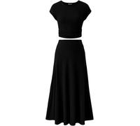 Femmes Deux Pièces Jupe Ensemble Casual Côtelé Tricot Col Ras du Cou Manches Courtes Haut Court Taille Haute Jupe Midi, Black, M
