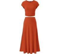 Femmes Deux Pièces Jupe Ensemble Casual Côtelé Tricot Col Ras du Cou Manches Courtes Haut Court Taille Haute Jupe Midi, Orange, M