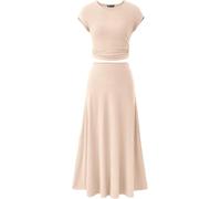 Femmes Deux Pièces Jupe Ensemble Casual Côtelé Tricot Col Ras du Cou Manches Courtes Haut Court Taille Haute Jupe Midi, Beige, XL