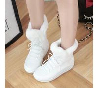 Femmes Doublées Bottes De Neige Plates Antidérapantes Bottines D’Hiver en Peluche Bottes à Lacets Chaussures De Cheville en Cuir PU pour L’extérieur, White, 35 EU