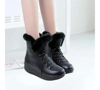 Femmes Doublées Bottes De Neige Plates Antidérapantes Bottines D’Hiver en Peluche Bottes à Lacets Chaussures De Cheville en Cuir PU pour L’extérieur, Black, 40 EU