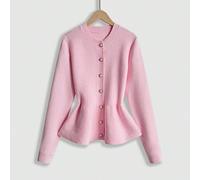 Femmes Élégant Mode Minimaliste Polyvalent Col Rond Volant Ourlet Taille Ajustée Cardigan Pull, Automne/Hiver L,M,S,XL,XSUnicoloreÉtoffe