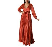 Femmes Élégant Portefeuille Col en V Ceintures Taille Plissée Maxi Robe 2023 Automne Hiver Grande Balançoire Décontracté Solide À Manches Longues Robe Robe Noire Mousseline (Orange, XXL)