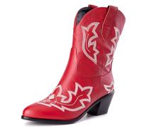 Femmes Embroidered Western Cowboy Wide Calf-Bottes Rétro Classique Mid Calf Cowgirl Boot pour femme Dames Filles Big Rouge Taille 38