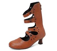 Femmes en Cuir PU À Lanières Bottes À Talons Talon Chaton Moyen Victoriennes Bottes Bout Rond Chaussures Punk Gothiques avec Fermeture Éclair,Jaune,45 EU