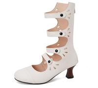 Femmes en Cuir PU À Lanières Bottes À Talons Talon Chaton Moyen Victoriennes Bottes Bout Rond Chaussures Punk Gothiques avec Fermeture Éclair,Blanc,45 EU