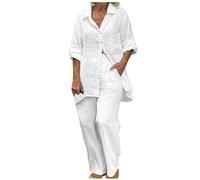 Femmes Ensemble en Lin Survêtement Ensemble 2 Piece Suit Été Décontractée Couleur Unie Chemise Manche Longue Col Revers avec Bouton +Pantalon avec Cordon Poche lâche Lin pour Vacance Travail Plage