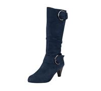 Femmes et Hiver Mode Daim Talon Fin Couleur Unie Mi-mollet Bottes Tempérament Confortable Bottes Père Noël, Marine, 42 EU