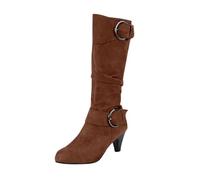 Femmes et Hiver Mode Daim Talon Fin Couleur Unie Mi-mollet Bottes Tempérament Confortable Bottes Père Noël, marron, 42 EU