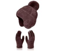 Femmes et Hommes Automne Hiver Chaud Mignon Laine Chapeau Écharpe Gants Trois Pièces Hiver Tricot Bonnet Moufles Écharpes Ensembles Fou Chapeau en Cuir Fou, café, taille unique