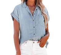 Femmes Été Chemise en Jean À Manches Courtes Chemises Décontractées Hauts Ample Jean Veste Chemisiers, Light Blue, S