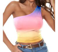 Femmes Été Décontracté Haut Une épaule Coupe ajustée Dégradé de couleur Débardeur sans manches, Rose, L
