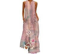 Femmes Été Décontracté sans Manches Imprimé Col en V Maxi Robe Ample Boho Plage Longue Robe D'Été avec Poches Robe Princesse Fille 4 Ans Robe Femme Ete T 44