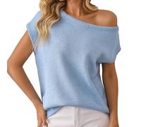 Femmes Été Hors L'épaule Tricot Tops 2025 Décontracté Manches Courtes Oversize Tunique T-shirt Robe Perlée, bleu, L