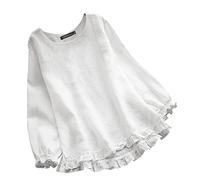 Femmes Été Solide Loose Ruffle Bas Cuffs Col Rond Manches Longues T-shirt Chaînes de moins de 3, Blanc., M
