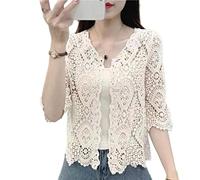 Femmes Été Tricoté Dentelle Shrug Boho Crochet Floral 3/4 Manches 3/4 Ouvert Devant Court Cardigan Élégant Court Maille Pull Cover Up Outwear Coton Kimono Cardigan Manches Chauve-souris Couleurs unies