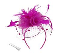 Femmes Fascinator Chapeau Bandeau Fleur Mesh avec Plumes Clips Tea Party Chapeau pour Fille Cocktail Clips et Perles(Taille unique,Rouge Violet)