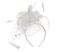 Femmes Fascinator Chapeau Bandeau Fleur Mesh avec Plumes Clips Tea Party Chapeau pour Fille Cocktail Clips et Perles(Taille unique,Blanc)