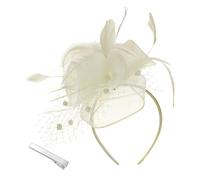Femmes Fascinator Chapeau Bandeau Fleur Mesh avec Plumes Clips Tea Party Chapeau pour Fille Cocktail Clips et Perles(Taille unique,Beige)
