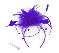 Femmes Fascinator Chapeau Bandeau Fleur Mesh avec Plumes Clips Tea Party Chapeau pour Fille Cocktail Clips et Perles(Taille unique,Violet)