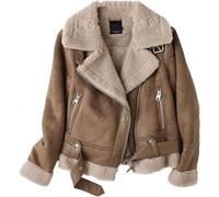 Femmes Faux Cuir Court Cropped Marron Manteau pour L’Hiver Fourrure Vintage Veste Intégrée Zip Up Revers Manches Longues Vestes Vêtements D’extérieur Femme, Brown, S Short