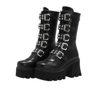 Femmes Goth Wedge table rugueux talon haut zip punk girl bottes avec boucle INS mi - mollet moto cheville ride chaussures de combat,Black,EU 44