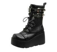 Femmes gothique grosse plateforme coins bottes à cheville avec chaîne coeur rivet Punk mi-veau bottes moto ronde orteil fermeture éclair coins talons hauts boucle Rave épaisse semelle chevalier bottes