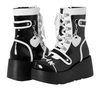 Femmes gothique grosse plateforme coins bottes à cheville avec chaîne coeur rivet Punk mi-veau bottes moto ronde orteil fermeture éclair coins talons hauts boucle Rave épaisse semelle chevalier bottes