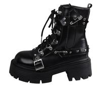 Femmes gothique grosse plateforme coins bottes à cheville avec chaîne coeur rivet Punk mi-veau bottes moto ronde orteil fermeture éclair coins talons hauts boucle Rave épaisse semelle chevalier bottes